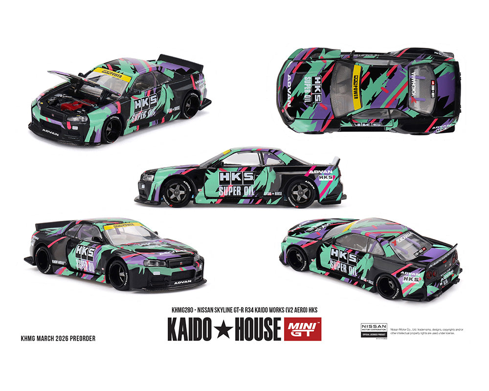 (Preorder) Kaido House x Mini GT Nissan Skyline GT-R R34 Kaido Works (V2 Aero) HKS – Limited Edition